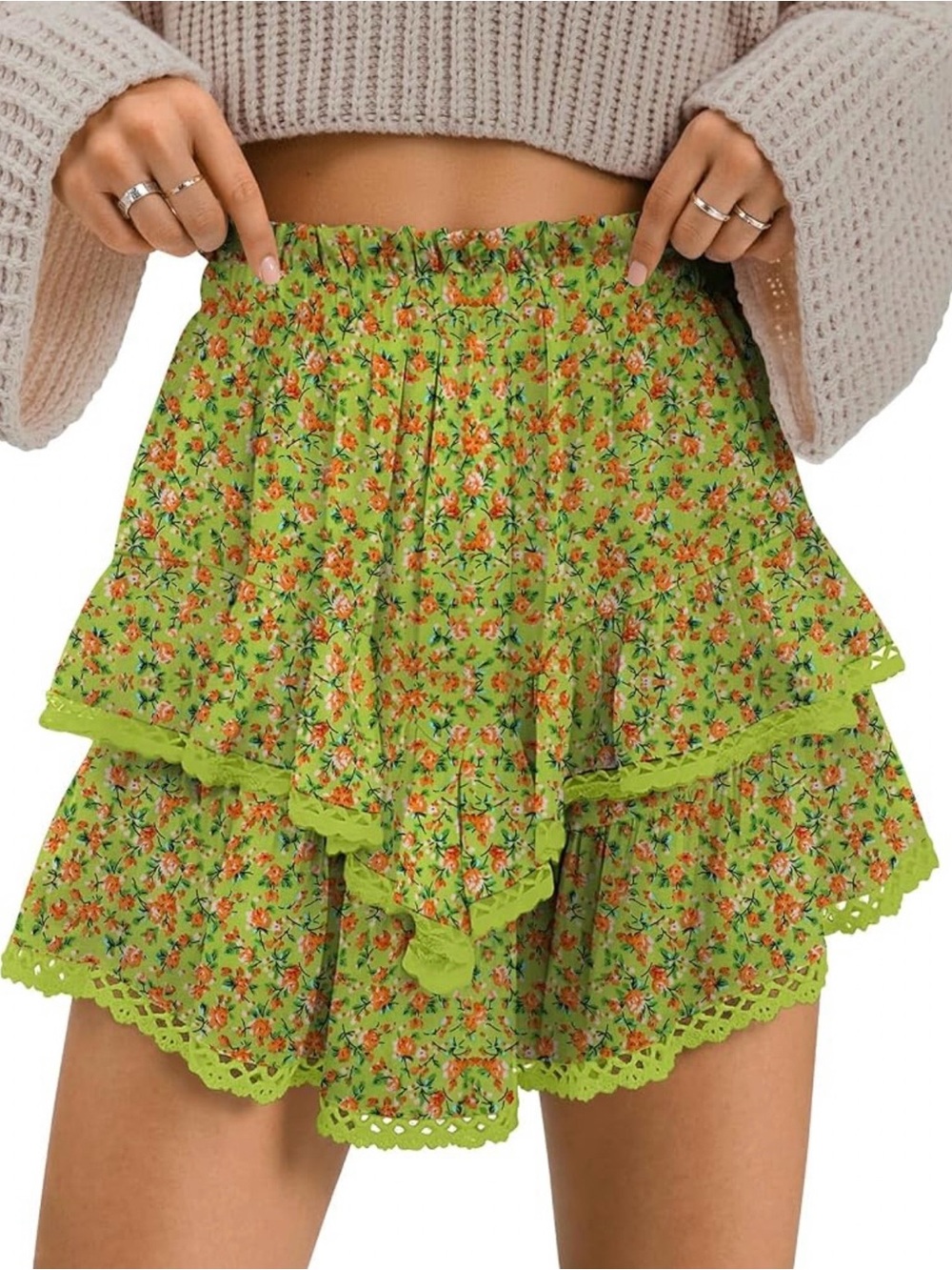 Tara’s Green Floral Tiered Ruffle Skort with Lace Trim